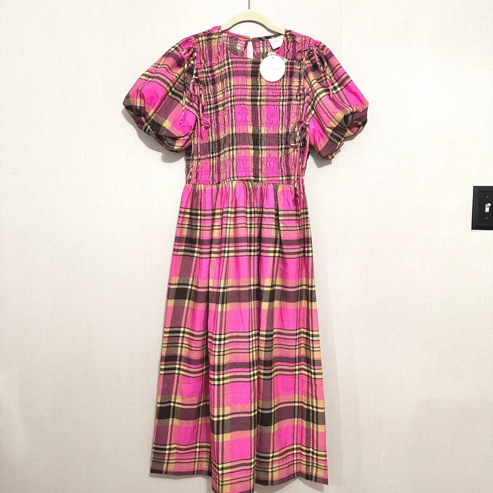 Us Together Pink Plaid Smocked Midi Dress Puff Sleeve XL